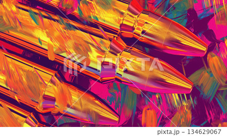 Dynamic abstract pattern featuring bullets with a reflective surface, surrounded by vibrant psychedelic colors. 134629067