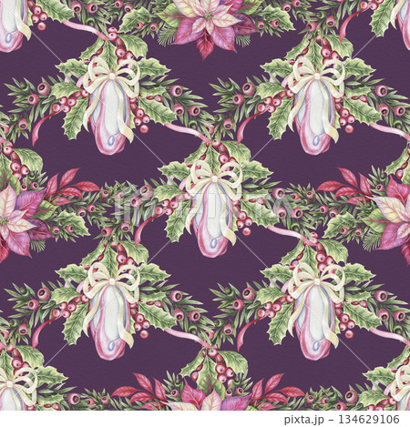 Ballet flats and poinsettia Christmas seamless pattern. Hand drawn watercolor diamond shapes on purple background creates a winter mood. Perfect for traditional textile design. Great for wrap paper. Ballet flats and poinsettia Christmas seamless pattern. Hand drawn watercolor diamond shapes on purple background creates a winter mood. Perfect for traditional textile design. Great for wrap paper. 134629106