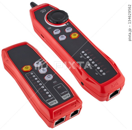 Universal LAN cable tester with test buttons and scan mode. On a white background Universal LAN cable tester with test buttons and scan mode. On a white background 134629562