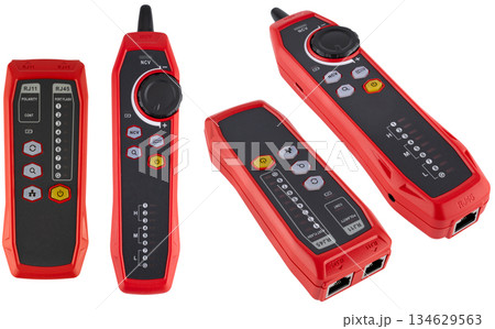 Red internet cable tester with two blocks and sequential wire indication. On a white background 134629563