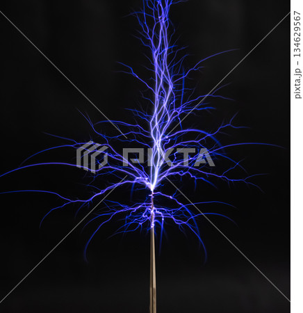 A bright electrostatic discharge from a Tesla coil with blue branching lightning bolts A bright electrostatic discharge from a Tesla coil with blue branching lightning bolts 134629567