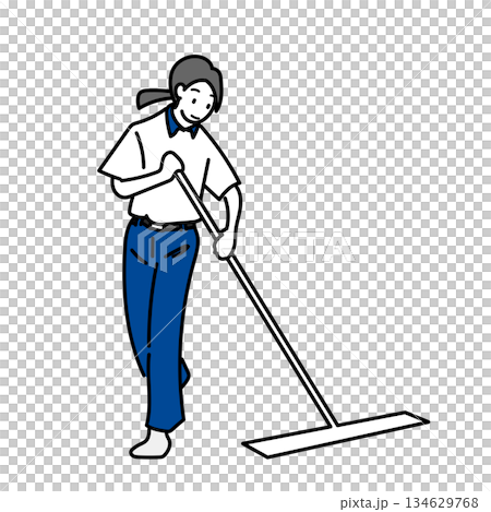 イラスト素材: 清掃員がモップで床掃除をする人物のイラスト 134629768
