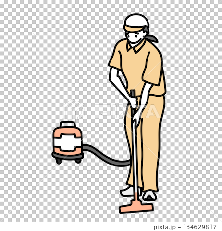 庫存插圖：清潔工正在用吸塵器清潔地板的插圖 134629817