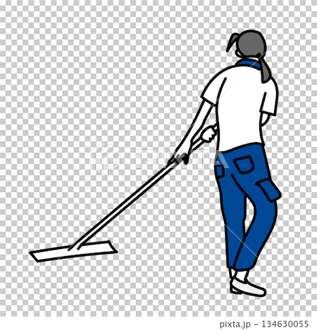 庫存插圖：清潔工用拖把清潔地板的插圖 134630055