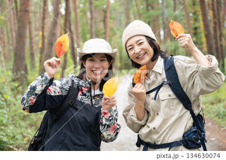 秋の登山を楽しむ母娘　山梨　八ヶ岳 134630074