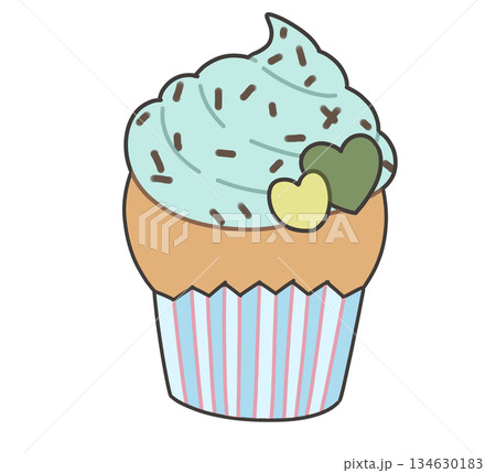 チョコミントのクリームが乗ったカップケーキのイラスト 134630183
