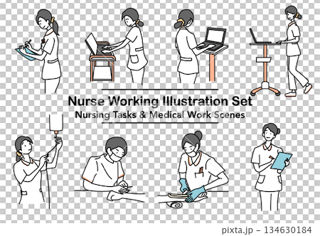 イラスト素材: 看護師の業務シーンをまとめたイラストセット 134630184