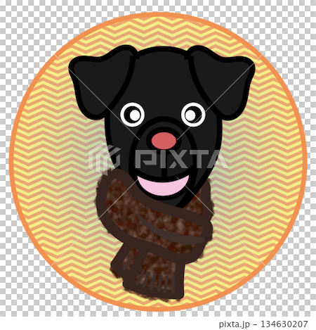一隻戴著圍巾的狗的臉部插圖，背景是圓形的。 134630207
