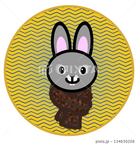 円形背景のついたマフラーを巻いたウサギの顔のイラスト 134630208
