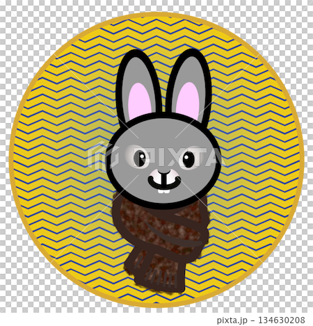 円形背景のついたマフラーを巻いたウサギの顔のイラスト 134630208