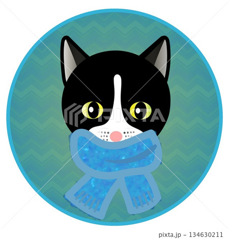 円形背景のついたマフラーを巻いた猫の顔のイラスト 134630211