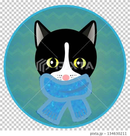 円形背景のついたマフラーを巻いた猫の顔のイラスト 134630211
