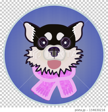 一隻戴著圍巾的狗的臉部插圖，背景是圓形的。 134630216