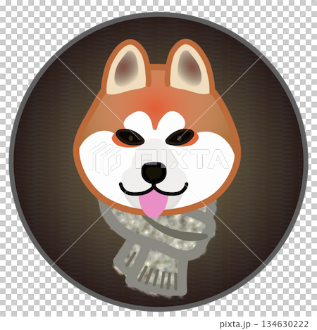 円形背景のついたマフラーを巻いた犬の顔のイラスト 134630222