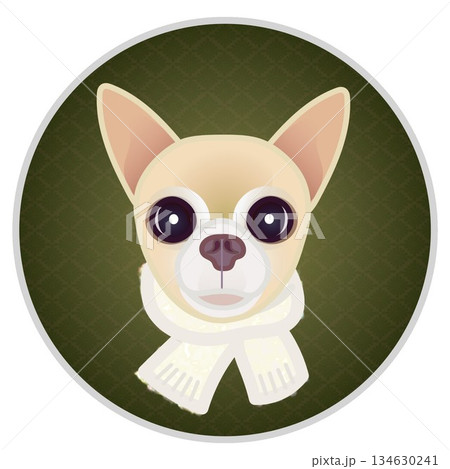 円形背景のついたマフラーを巻いた犬の顔のイラスト 134630241