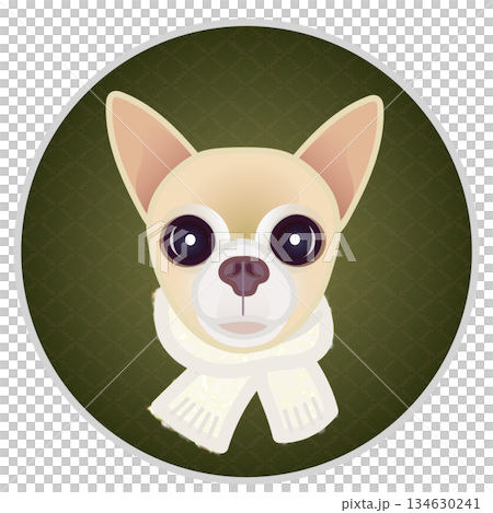円形背景のついたマフラーを巻いた犬の顔のイラスト 134630241