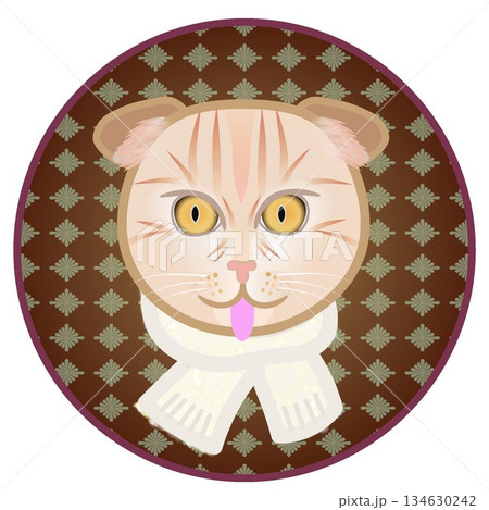 円形背景のついたマフラーを巻いた猫の顔のイラスト 円形背景のついたマフラーを巻いた猫の顔のイラスト 134630242