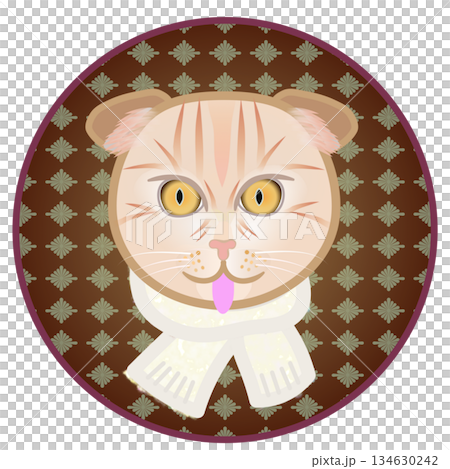 円形背景のついたマフラーを巻いた猫の顔のイラスト 円形背景のついたマフラーを巻いた猫の顔のイラスト 134630242
