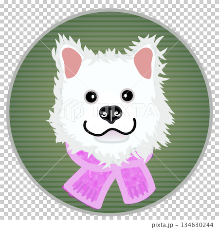 一隻戴著圍巾的狗的臉部插圖，背景是圓形的。 134630244