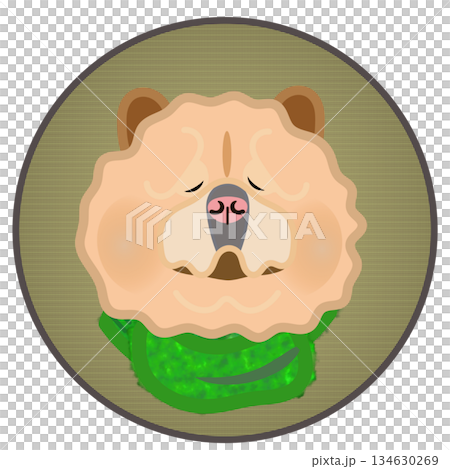 一隻戴著圍巾的狗的臉部插圖，背景是圓形的。 134630269