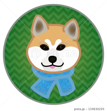 円形背景のついたマフラーを巻いた犬の顔のイラスト 134630293