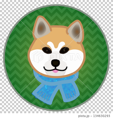 円形背景のついたマフラーを巻いた犬の顔のイラスト 134630293