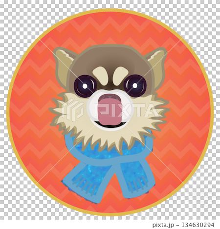 Illustration of a dog's face wearing a scarf with a circular background 134630294