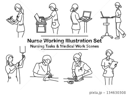 イラスト素材: 看護師の業務シーンを線画でまとめたイラストセット 134630308