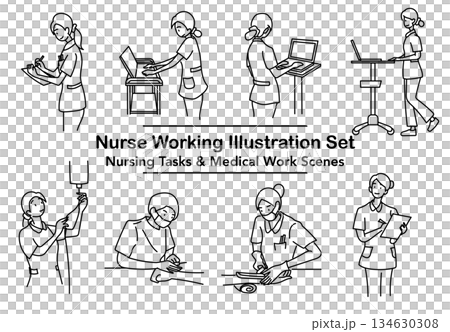 イラスト素材: 看護師の業務シーンを線画でまとめたイラストセット 134630308
