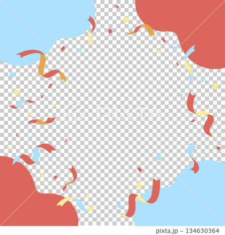 慶祝背景素材，彩帶和彩紙飛舞。邊框模板。紅色、淺藍色、早晨。 134630364
