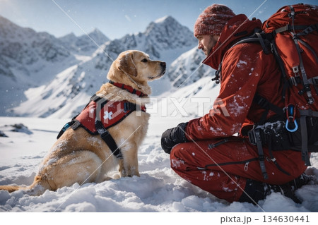 雪山で向き合う山岳救助犬と隊員 134630441