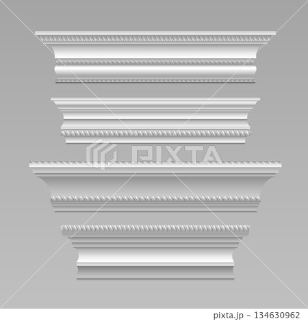 White cornice molding with decorative trim element White cornice molding with decorative trim element 134630962