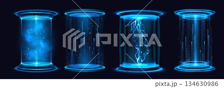 Neon blue game portals set isolated on black 134630986