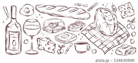 French cuisine set with hand drawn doodle icons 134630990