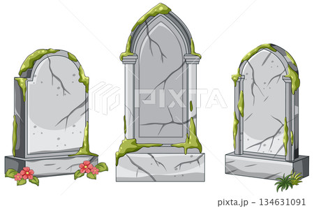 Mossy Old Tombstones in Overgrown Cemetery Illustration 134631091