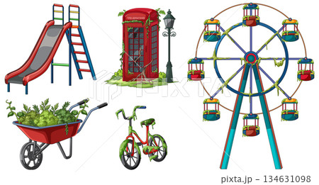 Abandoned Amusement Park Objects Overgrown With Green Vines 134631098