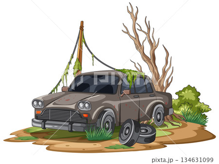 Abandoned Rusty Car in Overgrown Post Apocalyptic Landscape 134631099