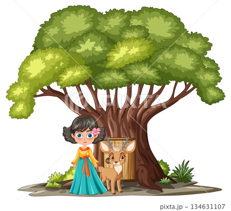 Girl and Deer Standing Under Large Green Tree Girl and Deer Standing Under Large Green Tree 134631107