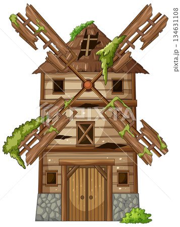 Old Wooden Windmill with Moss and Broken Blades Old Wooden Windmill with Moss and Broken Blades 134631108