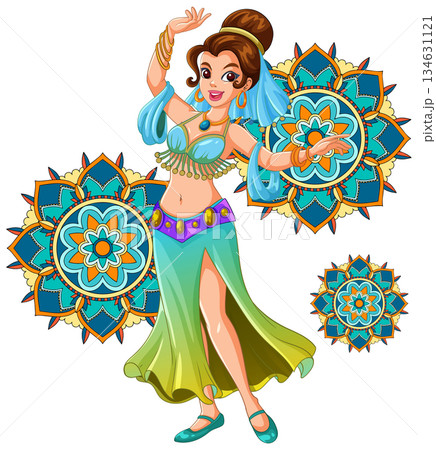 Smiling Belly Dancer Performing with Mandala Background Elements Smiling Belly Dancer Performing with Mandala Background Elements 134631121
