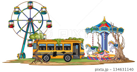Abandoned Amusement Park with Rusty Bus and Carousel 134631140
