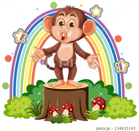 Cartoon Monkey Singing on Tree Stump with Rainbow 134631143