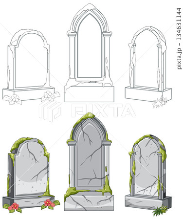 Gothic Tombstone Vector Set with Moss and Flowers Gothic Tombstone Vector Set with Moss and Flowers 134631144