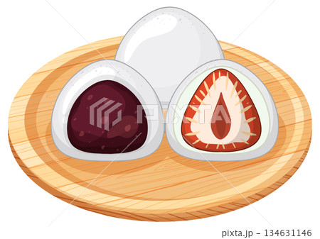 Japanese Mochi with Red Bean and Strawberry Filling on Plate Japanese Mochi with Red Bean and Strawberry Filling on Plate 134631146