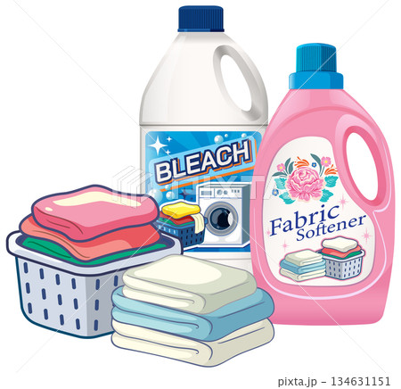 Laundry Supplies with Bleach, Fabric Softener, and Folded Towels 134631151