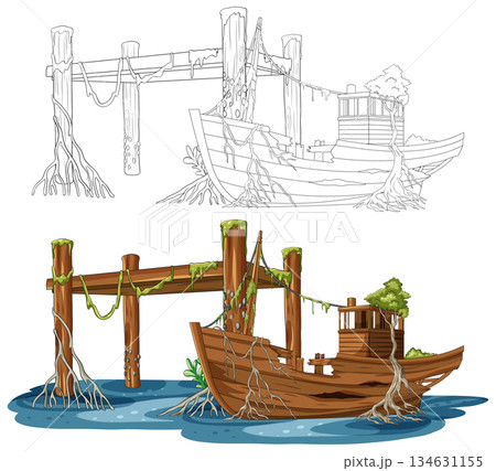 Abandoned Wooden Boat at Overgrown Pier Vector Illustration Abandoned Wooden Boat at Overgrown Pier Vector Illustration 134631155