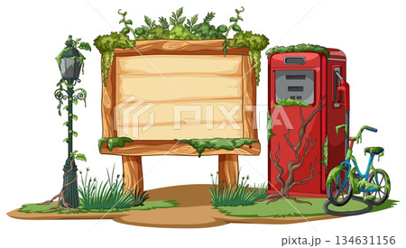 Overgrown Abandoned Gas Pump With Bicycle and Wooden Sign Overgrown Abandoned Gas Pump With Bicycle and Wooden Sign 134631156