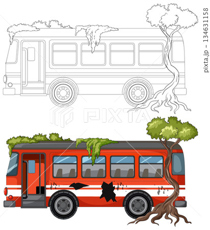 Abandoned Red Bus Overgrown With Tree and Vines 134631158