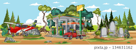 Rural Gas Station With Airplane, Truck, And Cemetery 134631162