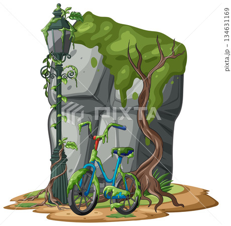 Abandoned Bicycle Beside Overgrown Lamp Post and Stone Wall 134631169